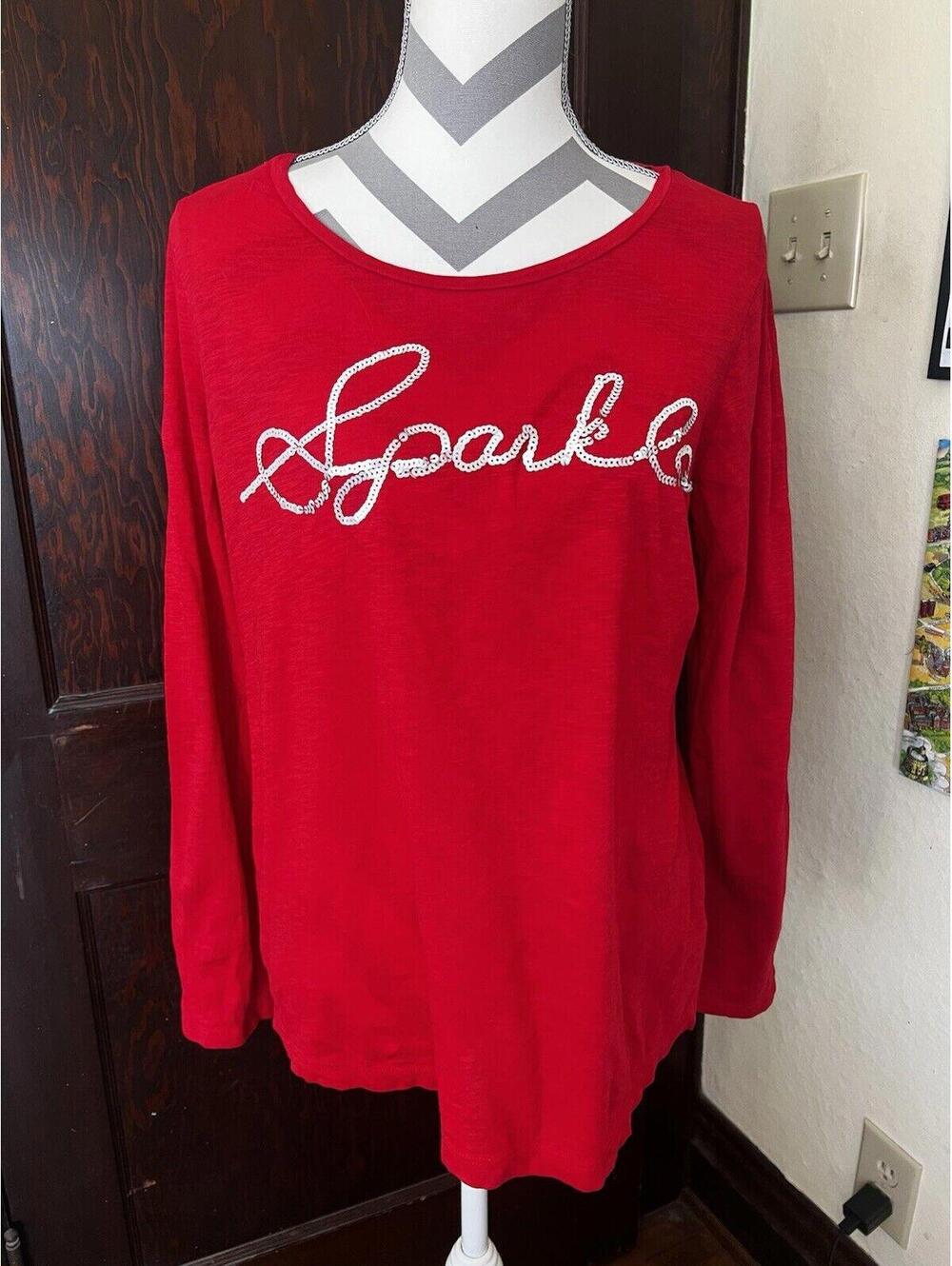 Crown & Ivy Red Sparkle LS Shirt. Large Petite